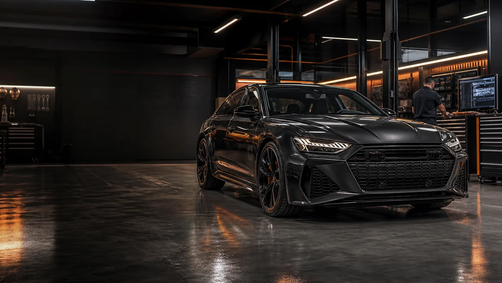 Carro esportivo grafite em uma oficina automotiva moderna e organizada